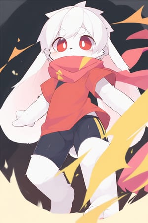  (aoino),
solo,male_focus,furry,shota, 
vup-bai,(white_hair:0.8),red eyes,(floppy_ears,lop_rabbit_ears),[scarf,red scarf,floating_scarf,scarf_over_mouth],
(red t-shirt,black jammers),(barefoot),BREAK,
(masterpiece, best quality:1.1),