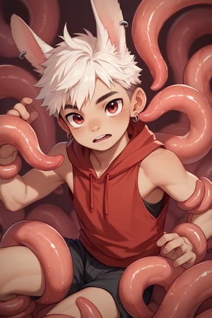 score_9,score_8_up,score_7_up,score_6_up,score_5_up,
(solo,young boy,lop rabbit ear,((ear down))
white hair,red eyes),
early teen,red sleeveless_hoodie,
tentacles,tentacles on male,