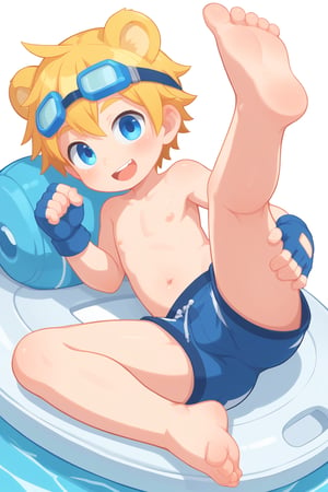 solo,male_child,shota,bear_boy,animal ear,yellow ear,yellow hair,blue eyes,eye_glow,BREAK,,
goggles_on_head,ski_goggles,blue goggles,BREAK,
bare legs,topless,swim trunks,fingerless_glove,happy,
looking at viewer,laying_down,leg up,
feet_focus,prefect soles,BREAK,
score_9,score_8_up,score_7_up,score_6_up,type-d, score_5_up, score_4_up,