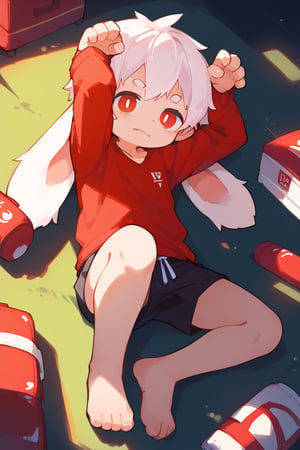 solo,male_focus,shota, vup-bai,white_hair,(lop_ears:1.2),(red shirt:0.8),(black shorts:0.8),[barefoot], 
dynamic_pose,lying,paw_pose,BREAK, score_9,score_8_up,score_7_up,score_6_up,score_5_up