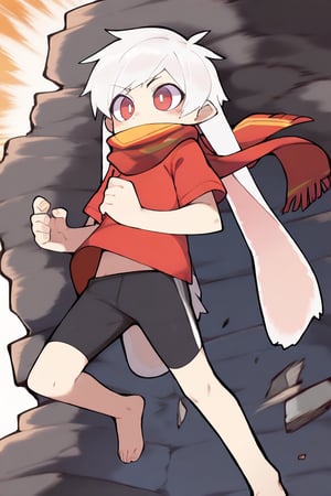  (nploser),
1boy,male_focus,male_child,shota, 
vup-bai,(white_hair:0.8),red eyes,(floppy_ears,lop_rabbit_ears),[scarf,red scarf,floating_scarf,scarf_over_mouth],
(red t-shirt,black jammers),(barefoot),BREAK,
(masterpiece, best quality:1.1),