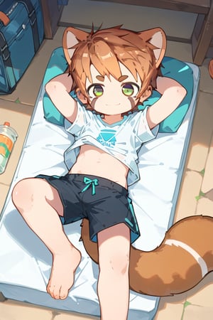 solo,male_focus,shota, 
cr-my,animal ears,brown hair,green eyes,tail,(shirt:0.8),(black shorts:0.8),[barefoot],
smile,lying,BREAK,
score_9,score_8_up,score_7_up,score_6_up,score_5_up,