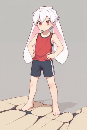 solo,male_focus,shota, 
vup-bai,(white_hair:0.8),red eyes,(floppy_ears,lop_rabbit_ears),(red t-shirt,sleeveless:0.8),(black shorts:0.8),barefoot,BREAK,
(perfect_hand,perfect_feet),
(hands on own hip),
(masterpiece, best quality:1.1),