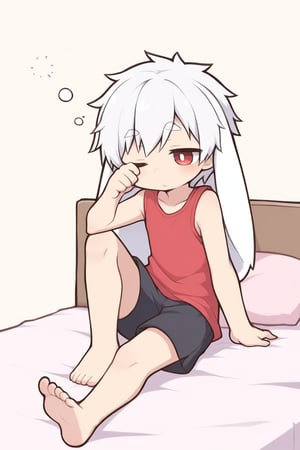 (chibi),solo,male_focus,male_child,shota, 
vup-bai,(white_hair:0.8),red eyes,(floppy_ears,lop_rabbit_ears),(red t-shirt,sleeveless:0.8),(black shorts:0.8),barefoot,BREAK,
(perfect_hand,perfect_feet),
[bed,bed sheet,],
[hand on own head,hand up,knee up],
[one eye closed,half-closed eyes,rubbing eyes],
on_bed,sitting,sleepy,waking up,squeans,
(masterpiece, best quality:1.1),