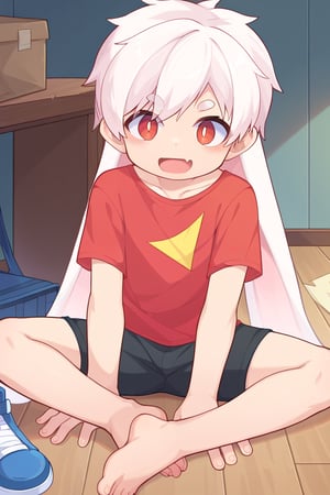 solo,male_focus,shota,BREAK,
vup-bai,white_hair,(lop_ears),(red t-shirt:0.8),(black shorts:0.8),[barefoot],BREAK,
[close-up,feet_focus],happy,
BREAK,
score_9,score_8_up,score_7_up,score_6_up,score_5_up,source_anime,