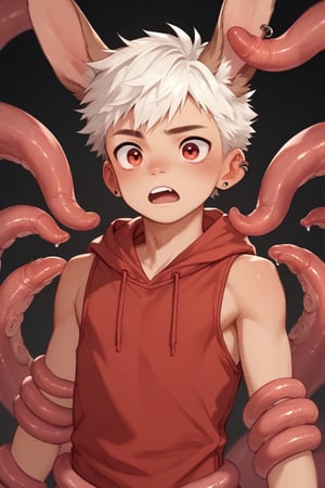 score_9,score_8_up,score_7_up,score_6_up,score_5_up,
solo,young boy,lop rabbit ear,((ear down))
white hair,red eyes,
early teen,red sleeveless_hoodie,
tentacles,tentacles on male,