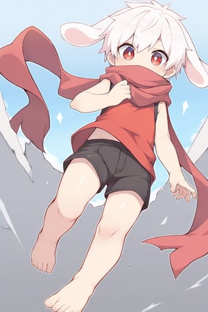 (chibi),solo,male_focus,male_child,shota, 
vup-bai,(white_hair:0.8),red eyes,(floppy_ears,lop_rabbit_ears),[scarf,red scarf,floating_scarf,scarf_over_mouth],
(red t-shirt,sleeveless:0.8),(black shorts:0.8),barefoot,BREAK,
doro,
(masterpiece, best quality:1.1),