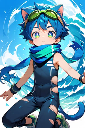 score_9,score_8_up,score_7_up,score_6_up,score_5_up,score_9_up,tag score,source_anime,
1boy,solo,male focus,blue cat ears shota,blue tail,blue pupils,blue hair,
(black sleeveless bodysuit),blue (torn scarf),sneakers,green (goggle) on head,
best quality, amazing quality, best aesthetic,
Perfect Hands,Wave glow sticks,