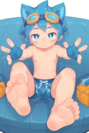 solo,male_child,shota,animal ear,blue ear,blue hair,blue eyes,eye_glow,BREAK,,
goggles_on_head,ski_goggles,blue goggles,BREAK,
bare legs,topless,swim trunks,fingerless_glove,sleepy,
front_view,looking at viewer,sit,outstretched hands,leg up,
feet_focus,prefect soles,BREAK,
score_9,score_8_up,score_7_up,score_6_up,score_5_up,type-e