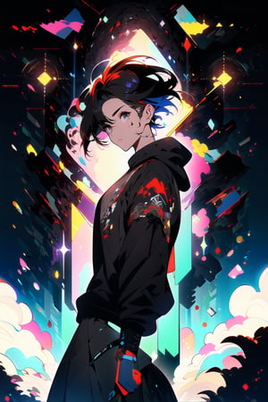 (masterpiece, best quality, high resolution: 1.3), ultra resolution image, (1 boy), (only), dark futuristic armor, long hair, short hair, black eyes, dark gray sweatshirt, fierce, smug, confident, fantasy , ready to fight, landscape, heroic conquest, majestic, ancient, r1ge, magic kingdom, mythical, infinite sky, grave sword, cold hearted brown eyes