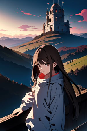 (masterpiece, best quality, high resolution: 1.3), ultra resolution image, (1 child), (only), long hair, semi-long dark brown hair, black eyes, dark gray sweatshirt, fierce, smug, confident, fantasy , ready to fight, landscape (meadow), collapse of civilization, ancient, r1ge, mythical, infinite sky (smoll submarine in the sky ((ruin)), cold hearted brown eyes, traveler
