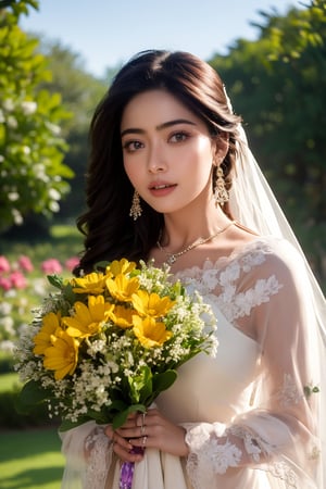 Soft focus captures the stunning Indian girl, 18 years old, with long hair and a radiant smile, surrounded by lush flowers in a picturesque garden. She wears a flowing intricately designed wedding dress, holding a delicate bouquet against a crystal-clear blue sky without a cloud. The cinematic lighting accentuates her features, highlighting the vibrant colors of her attire and the intricate details of her facial expression. The cowboy shot framing emphasizes her beauty, with perfect light illuminating every aspect of this breathtaking scene.,rashmika,1 girl 