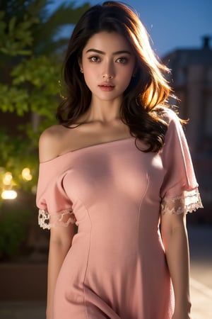 (majestic:1.5), hyper realistic, highly detailed, uhd:1.3, RAW photo,,A hyper-realistic image of an 18-year-old girl with pale skin and fair complexion, posing in a castle garden at night. She wears a round-neck colourful and vibrant satan mini-dress, exquisitely designed, that showcases her perfect natural large-medium breasts. Her long black hair is wavy and curly, framing her beautiful cool face with a light smile. Her eyes are detailed and shinning with eye shadow, and her smooth skin glistens under warm tone lighting. The focus is on the girl as she looks directly at the camera, exuding confidence and sexiness. The background features intricate textures and vibrant colors, with ambient lighting that creates a sense of depth and dimensionality. The overall aesthetic is one of high-quality realism, with a RAW photo resolution of 16K and a bokeh effect of 1.3. The image is so detailed and photorealistic that it looks like a world-class official photograph.,rashmika ,1 girl,solo,REALISTIC