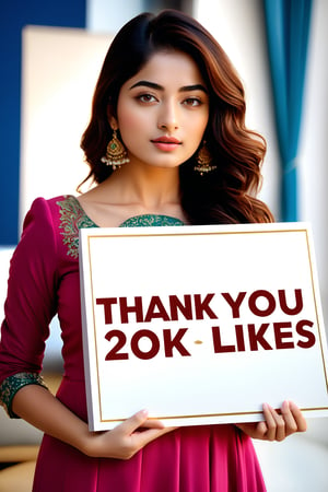 (((holding a sign with inscription "Thank you for 20K Likes"))), score9_up, score8_up, wide field of view, centered, seductive, gorgeous young modern fashionable girl with expressive eyes, elegant, cute, blushing, confident, highly detailed, 4 k, hdr, sharp focus, high resolution, excellent composition, cinematic atmosphere, precise correct anatomy, slender but curvy body, aesthetic, high detail of the face image, very detailed and sharp facial features and expressions, very detailed and shinning glossy eyes, very detailed and shinning natural hairs, curly, bangs, very detailed and perfect natural medium breasts, hint of cleavage, very detailed surroundings, wearing a salwar suit, matching fashion accessories, bracelet, soft make up, in a very lavish and extravagant living room, cushions, sofa, vibrant and colouful, full body shot, hyper realistic, very photorealistic, better photography,anikha,ruhani,1 girl ,kushita,solo,beauty,rashmika,1girl