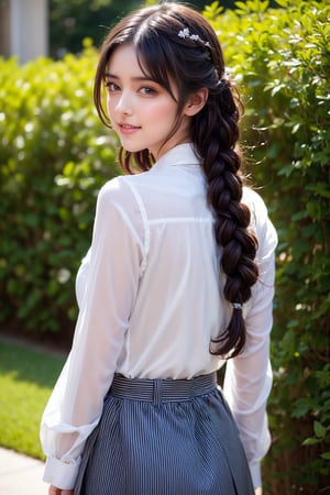 A breathtakingly beautiful and very young girl, exuding an air of innocence and charm. She is dressed in a collared shirt, adorned with checkered stripes, and a short skirt, part of a stunning ensemble. Her bangs gracefully frame her face, while twin braids cascade down her back, adding a touch of whimsy to her overall appearance. The girl's intricate and delicate linework, as well as her fine details, are a testament to the insane amount of attention given to every aspect of her illustration. Her iridescent brown hair is vividly colored and meticulously crafted, with whimsical patterns and enchanting scenes intertwined throughout.
