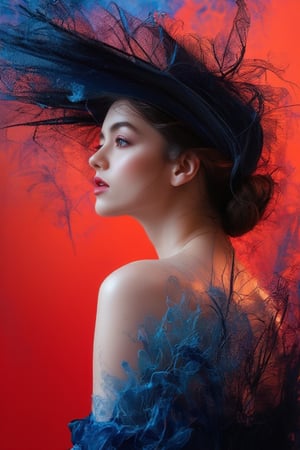 A woman wearing a wide-brimmed hat, gorgeous colors, the woman's hair breaks into small pieces and turns into powder as it moves away from her head, the abstract red background and fantastic blue gradient add to the mysteriousness, the heavy and unstructured thick brush strokes beautifully express the portrait of a woman,niji,midjourney