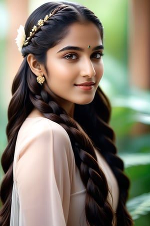 A breathtakingly beautiful 18-year-old girl named Anikha, who is the epitome of elegance and charm. She stands out as the central focus of this ultra-detailed, 8K resolution masterpiece with a perfect score of 9 and a UHD rating of 1.3. Her delicate facial features are captured with a stunning realism that's amplified by a majestic score of 1.5, making her appear as if she's stepped out of a high-definition dream. Her skin glows with a soft blush, perfectly accentuating her detailed, natural beauty. Her eyes, a rich brown, are filled with a blissful vibe, reflecting the cinematic lighting that surrounds her. They are so realistic and sharp that they seem to hold secrets of the universe within them. The exquisite twin braids of her long, shining hair are adorned with a hair ornament that adds an extra touch of elegance to her already flawless look. The background, a canvas of blurred perfection with a score of 1.7 for background blur, showcases an intricate peacock feather design that complements the overall aesthetic without overwhelming the main subject.