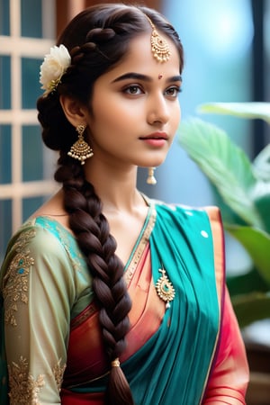 A breathtakingly beautiful 18-year-old girl named Anikha, who is the epitome of elegance and charm. She stands out as the central focus of this ultra-detailed, 8K resolution masterpiece with a perfect score of 9 and a UHD rating of 1.3. Her delicate facial features are captured with a stunning realism that's amplified by a majestic score of 1.5, making her appear as if she's stepped out of a high-definition dream. Her skin glows with a soft blush, perfectly accentuating her detailed, natural beauty. Her eyes, a rich brown, are filled with a blissful vibe, reflecting the cinematic lighting that surrounds her. They are so realistic and sharp that they seem to hold secrets of the universe within them. The exquisite twin braids of her long, shining hair are adorned with a hair ornament that adds an extra touch of elegance to her already flawless look. The background, a canvas of blurred perfection with a score of 1.7 for background blur, showcases an intricate peacock feather design that complements the overall aesthetic without overwhelming the main subject.