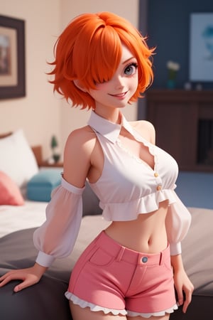 
extremely detailed, (masterpiece, top quality, best quality), high resolution, absurd, 1 girl, alone, lilith vegapunk, orange hair, orange eyes, hair over one eye, smile, blouse with ruffles on the shoulders, white blouse, scalloped shorts, pink shorts, 1 girl, red eyeshadow, blue eye makeup,