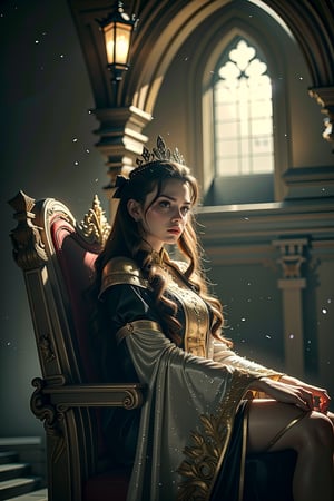 best quality,masterpiece, quenn, throne, 1girl, adult  woman, light grey glowing eyes, big pouty lips, light brown wavy long hairstyle, ombre, solo, from front, front view, (full body:0.6), looking at camera, detailed background, detailed face, wearing a huntress outfit, intense expression, reflections, cinematic atmosphere, stone wall, candle, palace, ((sitting throne)) background, fantasy aesthetic, dark fantasy, snow falling, snow storm 