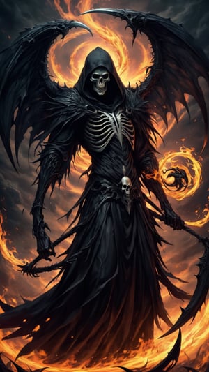 Grim Reaper, fire, sickle, world, soul, darkness, black, wings, flying, fear, thorny face,