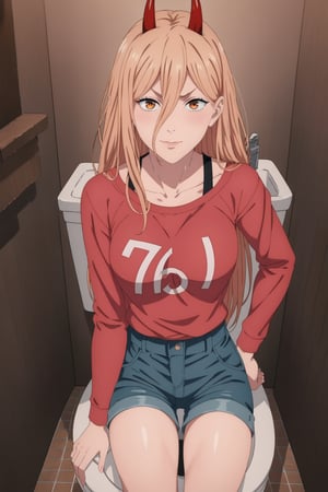 BREAK source_anime,(best quality:1.1)1girl,tall,power_v1, 1girl, red horns, long hair, hair between eyes, red shirt , shorts,sitting on toilet seat,weatern toilet,pov
