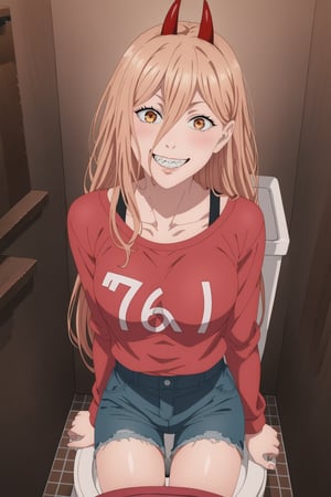 BREAK source_anime,(best quality:1.1)1girl,tall,power_v1, 1girl, red horns, long hair, hair between eyes, red shirt , shorts,sitting on toilet seat,weatern toilet,pov,teeth,zig zag teeth,smile
