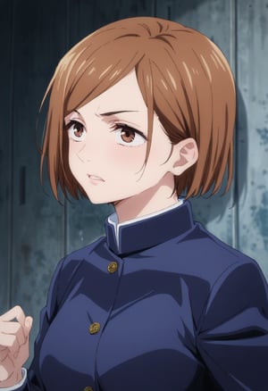 score_9, score_8_up, score_7_up, score_6_up, score_5_up, score_4_up, BREAK, source_anime,nobara_v1,brown hair, brown eyes,short hair, 1girl, solo,,school uniform,