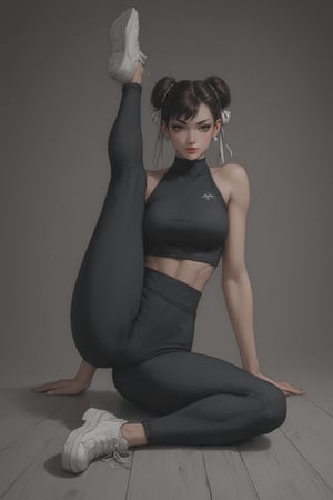 8k, very detailed, high detailed texture, full color photo,
in bed, small lights, A view from slightly sideways, tight gray pants, yoga pants, crop top,
white sneakers,, A little smile,

1girl, adult, sexy, (full body), young, nsfw, , large breastes, breasts, sitting split , double bun,
healthy legs, thick thighs, Big butt, sexy eyes, seduce, Half open mouth, Half-closed eyes,

Sitting on bed, Looking straight ahead,
Lift one leg and stretch it upwards high, one leg down ont floor,
grabbing a leg, one Hands on floor, 

Chun-Li from Street Fighter,