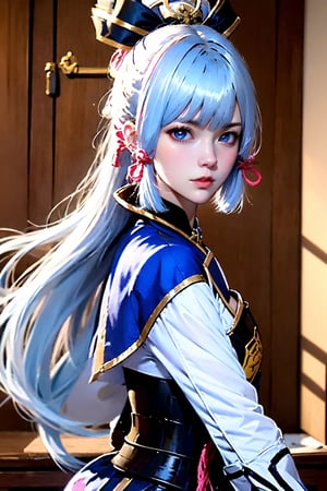 1girl,upper body, kamisato ayaka, solo, blue eyes, long hair, looking at viewer, ponytail, armor, blunt bangs, ribbon, hair ribbon, lips, white hair, tress ribbon, from side, breastplate, sidelocks, hair ornament, jacket, realistic, pink ribbon, nose, closed mouth, armored dress, blue jacket, japanese armor, long sleeves, blue hair, mole, mole under eye, blue capelet, high ponytail, looking to the side, arm guards, light blue hair, indoorssurrounded by brilliant light and dream styledream space background,
