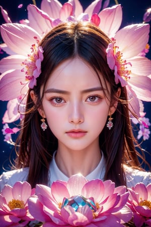 1girl, closed mouth, grey eyes, lips, long hair, long sleeves, looking at viewer, flower, extremely high quality high detail RAW color photo, crystal flower, intricate crystal patterns, translucent petals, prismatic light refraction, sharp, precise edges, detailed textures, luminous glow,