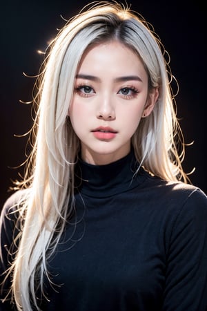 1girl, black background, black eyes, black shirt, black sweater, closed mouth, grey eyes, lips, long hair, long sleeves, looking at viewer, makeup, messy hair, nose, realistic, red lips, shirt, simple background, solo, sweater, turtleneck, turtleneck sweater, upper body, white hair