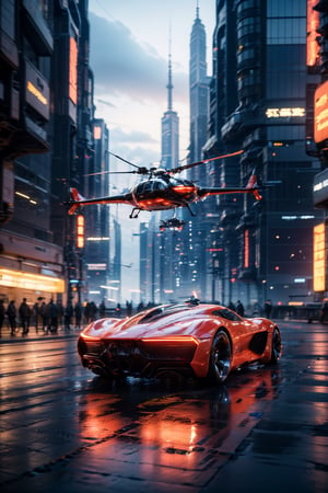 photorealistic, realistic, car, motor vehicle, vehicle focus, no humans, science fiction, aircraft, city, flying, scenery, road, motion blur, building, outdoors, helicopter, sky, cloud, realistic, night, skyscraper, cyberpunk