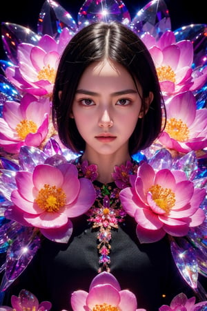 1man, black background, black eyes, black shirt, black sweater, closed mouth, grey eyes, long sleeves, looking at viewer, flower, extremely high quality high detail RAW color photo, crystal flower, intricate crystal patterns, translucent petals, prismatic light refraction, sharp, precise edges, detailed textures, luminous glow, 