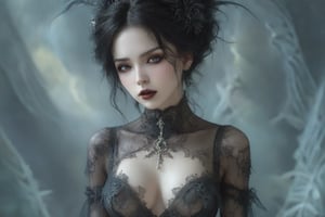 (Fractal Art: 1.3), (Colorful Colors), black Elegance, A morbid beauty in a Gothic oufit, melancholy expression,goth person,DonMM4g1cXL,Sketch,Gray scale,DonMB14ckB377yXL, huge boobs, breasts,