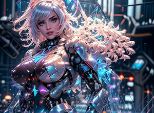 Dark aesthetic,  (tiny cute translucent polycarbonate sci-fi robots), polycarbonate plastic frame, stunning unreal engine render, intricate details,( cyborg girl), Oil Painting, (((huge boobs)))