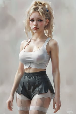 A detailed digital illustration of a young woman with blonde hair styled in high pigtails, wearing a white cropped tank top that is slightly tattered. (((huge breasts:1.4))), (((pantyhose))), tight_miniskirt
