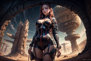 closeup Girl In Thight Plugsuit, Desert, Portal to another WORLD, Science Fiction, COWBOY SHOT, big breast, short_skirt, pantyhose, long red wavy hair