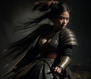 Physical rendering, portraits, ultra-fine paintings, extremely detailed descriptions, Akira Kurosawa's movie-style posters, and full-body shots of a 28-year-old girl embody the samurai spirit of Japan's Warring States Period, with a mysterious female warrior wearing sexy clothes and waving a sparkling Seemingly bursting with wordless power, this striking depiction of the Katana Samurai depicts a ferocious and formidable female warrior in battle. The image demonstrates the intensity of the warrior woman's gaze and the intricate craftsmanship .(((huge boobs))), Each intricately detailed depiction mesmerizes the viewer, immersing them in the extraordinary skill and artistry captured in this extraordinary piece, surreal, Vincent van Gogh style, FW Murano style , black smoke column, 135mm, detailed key vision, dark atmospheric effects, highly realistic epic ultra-wide-angle lens,