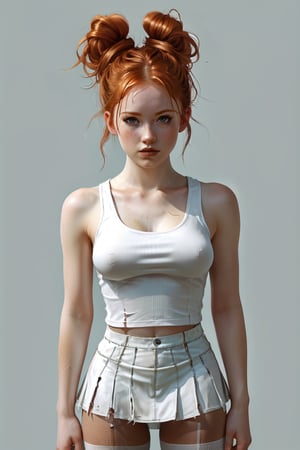 A detailed digital illustration of a young woman with ginger hair styled in high pigtails, wearing a white cropped tank top that is slightly tattered. (((huge breast:1.4))), (((pantyhose))), (((tight_miniskirt)))
,pointy breasts