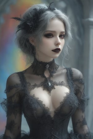 (Fractal Art: 1.3), (Colorful Colors), black Elegance, A morbid beauty in a Gothic oufit, melancholy expression,goth person,DonMM4g1cXL,Sketch,Gray scale,DonMB14ckB377yXL, huge boobs