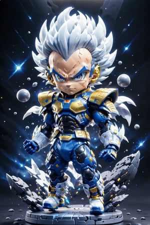 Vegeta from dragon ball with cyber chest armor, in a futuristic planet, flying outspace, no helmet, white and yellow chest, blue pants, white gloves, white boots, evil, jumping, black hair,cyber_armor,cyberpunk style, ,cyborg style,chibi