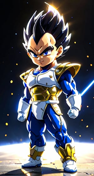 ( Vegeta from dragon ball), small and cute, (eye color switch), (bright and clear eyes), (cyber chest armor), (no helmet), (white and yellow chest), (blue pants), (white gloves), (white boots), (black hair), anime style, depth of field, lighting cinematic lighting, divine rays, ray tracing, reflected light, glow light, side view, close up, masterpiece, best quality, high resolution, super detailed, high resolution surgery precise resolution, UHD, skin texture,full_body,chibi,vegeta