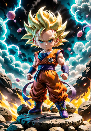 ((Cover art in 4K resolution, Dragon Ball-inspired style, with sharp details, vibrant colors and rich textures.)) | The central scene features the main Dragon Ball characters in dynamic poses and prepared for battle: Goku in his Super Saiyan 3 form, Vegeta as Super Saiyan 2, Gohan in his definitive form and Piccolo with the mantle of Earth God. They are standing on a rocky landscape, with clouds of Ki rising from the ground and forming a dramatic backdrop. In the background, a huge Genkidama lights up the sky, symbolizing the intensity of the epic battles in the game. | Around the main characters, small vignettes show other important characters from the Dragon Ball universe, such as Trunks, Goten, Frieza, Cell and Majin Buu. | Composition in dynamic perspective, with a low camera angle that highlights the majesty of the characters and the vastness of the scenery. | Dramatic lighting effects, shading and speed lines, highlighting the emotional nuances and battle atmosphere of the scene. | The thrilling cover of Dragon Ball Tenkaichi 3, bringing the anime's definitive battles to the player's screen. | ((perfect_composition, perfect_design, perfect_layout, perfect_detail, ultra_detailed)), More Detail, Enhance All, ,cyborg style,Movie Still,chibi
