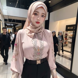 Masterpiece, Extremely realistic, women, walking inside mall, detailed face, medium breasts, wider hips, blouse, colorful blouse, hijab, colorful hijab, pants, (detailed background), fine detailed, intricate detail, ray tracing, depth of field, doll,hijabindox