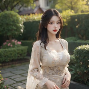 Masterpiece, Extremely realistic, women, walking at garden, medium wavy hair, layered hairstyle, detailed face, medium breasts, wider hips, ((kebaya)), (detailed background), fine detailed, intricate detail, ray tracing, depth of field, doll,