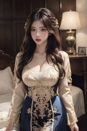 Masterpiece, Extremely realistic, women, inside bedroom, medium wavy hair, layered hairstyle, detailed face, medium breasts, wider hips, (detailed background), fine detailed, intricate detail, ray tracing, depth of field, doll, kebaya,
