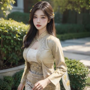 Masterpiece, Extremely realistic, women, walking at garden, medium wavy hair, layered hairstyle, detailed face, medium breasts, wider hips, ((kebaya, colorful kebaya)), (detailed background), fine detailed, intricate detail, ray tracing, depth of field, doll,