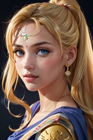 An incredibly beautiful young femme fatale is a golden-haired blonde with two bunches on her head and two long tails, blue-eyed, dressed in a traditional white saree. Masterpiece, perfect image, realistic shots, detailed study of the face, full-length image, 8k, detailed image. extremely detailed illustration, a real masterpiece of the highest quality, with careful drawing. ,sailor moon,indian,serena tsukino,Indian dress,sari,aausagi