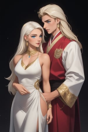 A tall, statuesque, handsome, athletic young men, he is dressed in royal oriental white clothes, he has tanned skin, long straight white hair he hughs an incredibly beautiful femme fatale young woman, golden-haired blonde with blue eyes, long golden hair gathered in a high beautiful hairstyle, she is dressed in a beautiful luxurious white long dress in oriental style with open shoulders, which perfectly fits her slender beautiful figure, emphasizes a thin waist and rounded hips, deep neckline, long on a thin sparkling gold. There is a jewelry chain around her neck, and long gold earrings in her ears. They are in love with each other, they look at each other with love. They are happy. Masterpiece, perfect drawing, realistic drawing, detailed elaboration, 8k. full-length image, realistic image, detailed image. an extremely detailed illustration, a real masterpiece of the highest quality, with careful drawing.,1boy